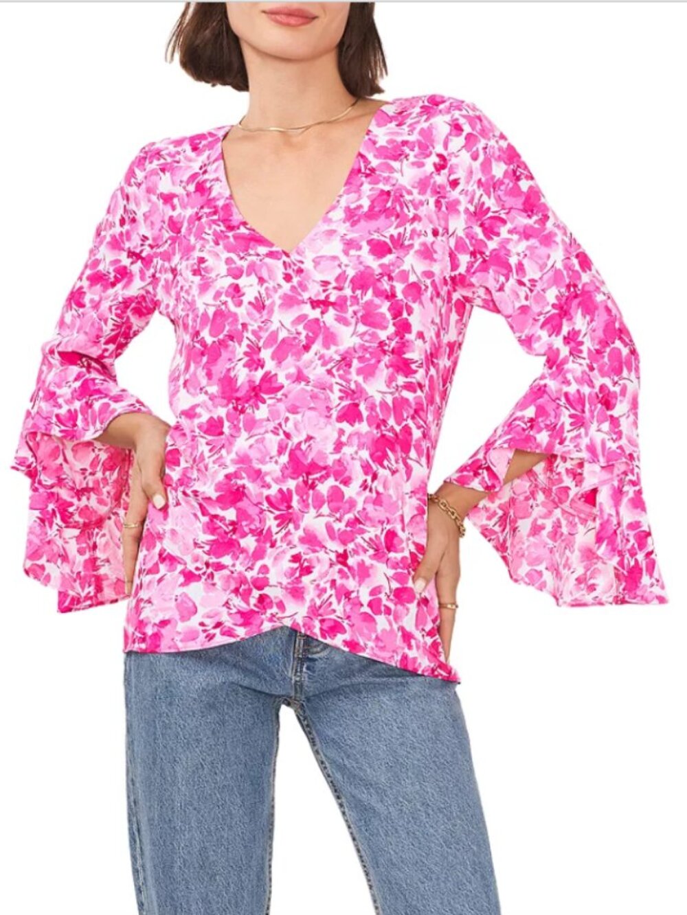 Vince Camuto Floral Blouse Plus Size 2X Pink Ruffle Sleeve Womens Top